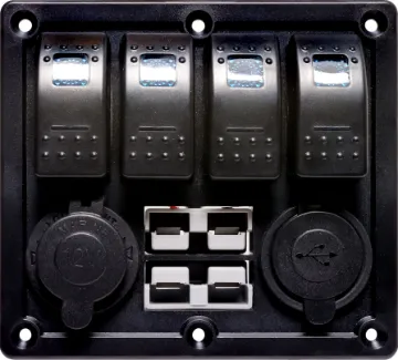 Switch Panel With USB / Anderson / Car Accessory Socket Switch all your gear on and off with this handy power control plate for cars, caravans and 4WDs. Includes; 4x Rocker switches with blue LED, 2x 50A Anderson style connectors with covers, 1x 12V Car Accessory socket and 2x 5V USB Type-A Ports.