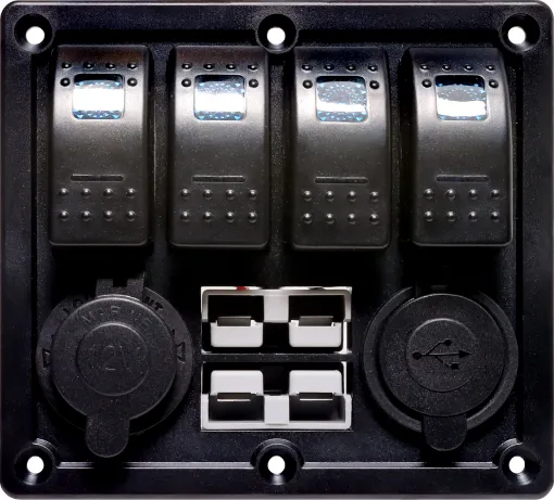 Switch all your gear on and off with this handy power control plate for cars, caravans and 4WDs. Includes; 4x Rocker switches with blue LED, 2x 50A Anderson style connectors with covers, 1x 12V Car Accessory socket and 2x 5V USB Type-A Ports. 

