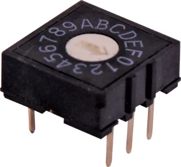 5 Pin Hexidecimal PCB Mount Rotary Switch Temperature range: -10C to +60°C Non switching rating: 50V DC @ 100mA Switching rating: 5V DC @ 100mA Contact resistance (Rc): 100m max. Insulation resistance: 100M min @ 250VAC Voltage proof: 250V AC for 1 min. Mech life: (Rc < 150m