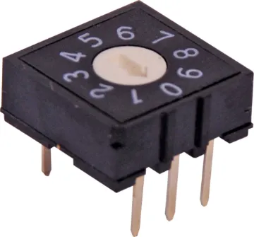 5 Pin BCD PCB Mount Rotary Switch Temperature range: -10C to +60°C
Non switching rating: 50V DC @ 100mA
Switching rating: 5V DC @ 100mA
Contact resistance (Rc): 100m max.
Insulation resistance: 100M min @ 250VAC
Voltage proof: 250V AC for 1 min.
Mech life: (Rc < 150m