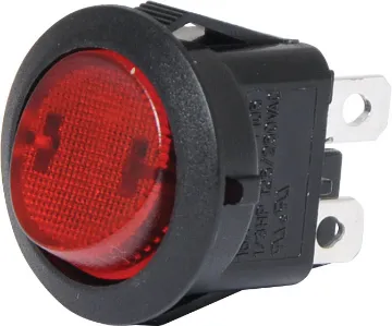 DPST Illuminated 10A Rocker Switch A DPST illuminated rocker switch with red neon. Rated to 10A @ 250V AC for use with both low voltage and high voltage mains circuits.