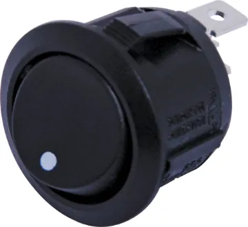 SPST Round Rocker Switch Switch Type: SPST Alternate rocker switch
Contact Rating: 6A @ 250V AC
Panel Cutout: 20.2mmØ
Panel Thickness: 3mm Max.