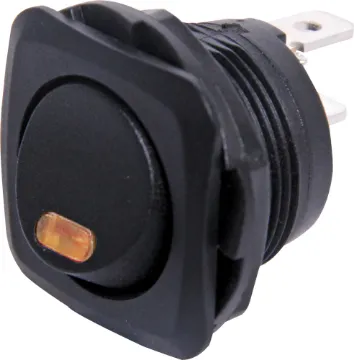 SPST Red LED Round (Square Facia) Rocker Switch Switch Type: SPST Alternate rocker switch
Indicator: Red LED
Contact Rating: 6A @ 250V AC
Panel Cutout: 20mmØ
Panel Thickness: 6mm Max.
LED indicator Power Requirements:  1.85V dc, 10mA.
NOTE: The LED Terminals are the two smaller terminals.