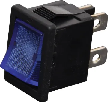 DPST Blue Illuminated Mini Rocker Switch Contact Rating: 6A @ 250V AC 
Neon Colour: Blue 
Neon Voltage: 240V AC 
Panel Cutout: 19.2 x 13mm 
Electrical Life: 10,000 Cycles 
Mechanical Life: 15,000 Cycles 
Contact Resistance: <20mΩ 
Insulation Resistance: >1000MΩ 
Dielectric Strength: >1500V 1 Minute
>3000V Between Poles