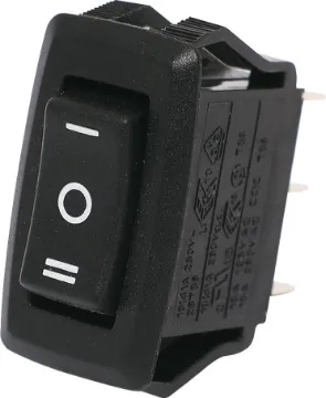 SPDT Heavy Duty Centre Off Momentary Rocker Switch Switch Type: SPDT (Centre Off Momentary)
Contact Rating: 10A @ 250V AC
Panel Cutout: 27.6 x 13.8 mm 
Electrical Life: 20,000 Cycles
Mechanical Life: 100,000 Cycles
Contact Resistance: <50mR
Insulation Resistance: >100MR
Dielectric Strength: >1500V AC 1 Minute