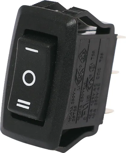Switch Type: SPDT (Centre Off Momentary)
Contact Rating: 10A @ 250V AC
Panel Cutout: 27.6 x 13.8 mm 
Electrical Life: 20,000 Cycles
Mechanical Life: 100,000 Cycles
Contact Resistance: <50mR
Insulation Resistance: >100MR
Dielectric Strength: >1500V AC 1 Minute