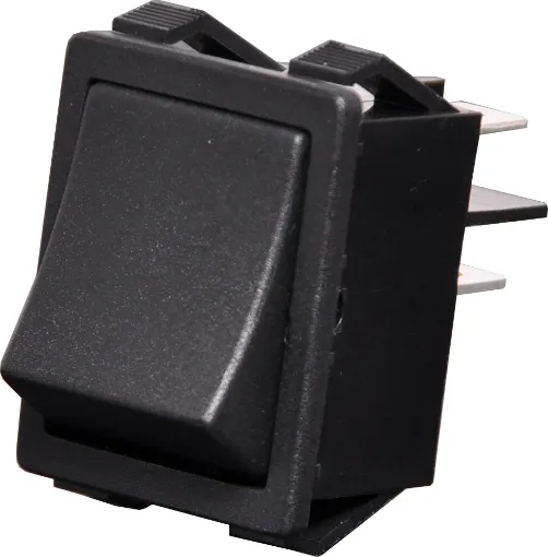 A heavy duty DPDT momentary ON/OFF panel mount rocker switch. The switch configuration is momentary one way, returning to centre-off after release. Rated for 16A @ 250V AC for use with mains powered equipment.