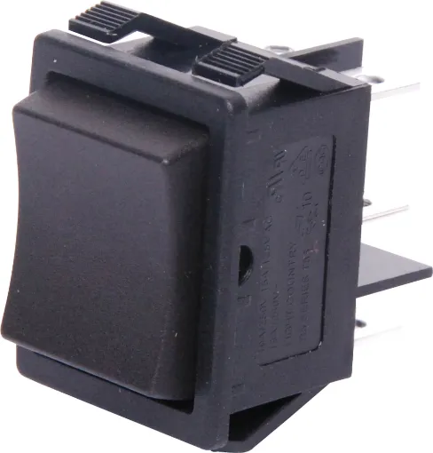 A heavy duty DPDT 'centre-off' panel mount rocker switch. The switch configuration is momentary each way, returning to centre-off after release.