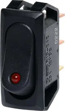 SPST Low Voltage Slim Red LED Rocker Switch Designed for use in low voltage applications, this LED illuminated panel mount rocker switch is an SPST alternate type.