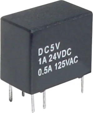 1A 24VDC SPDT PCB Mount Mini Relay Max voltage: 125V AC, 60V DC 
Max current: 1A DC 
Max VA (Watts): 62.5VA (30W) 
Contact material: Gold Plated Silver 
Coil resistance: 3840&Omega 
Max coil power: 150mw 
Insulation resistance: >1000M&Omega @ 500V DC 
Dielectric strength (for 1 min): 
400V AC between open contacts 
1000V AC between coil & contact 
Electrical life: 100,00