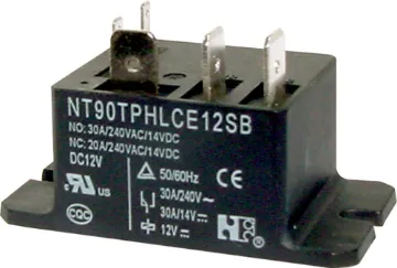30A 12VDC SPDT Tag Connection Relay Max voltage:250V AC 
Max current:30A 
Max VA (Watts):7200VA (1100W) 
Contact material:Silver Nickel Alloy 
Coil resistance:160Ω 
Max coil power:2.5W 
Insulation resistance:>1000MΩ @ 500V DC 
Dielectric strength (for 1 min): 
1500V AC between open contacts 
2500V AC between coil & contact 
Electrical life:100,000 operations 
M