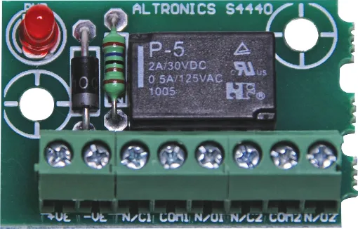 The S 4440 is a handy  relay board fitted with a 5V (S4134) relay. Two sets of changeover contacts are provided.  An on board LED illuminates when the relay is activated.
For 5 way &quot;snap off&quot; strip relay board see S 4441.

For 12V operation use S 4442 