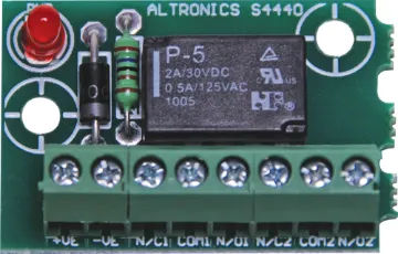 12V Single DPDT Relay Board The S 4442 is a handy  relay board fitted with 12V (S4136) relays. Two sets of changeover contacts are provided.  An on board LED illuminates when the relay is activated.
For 5 way "snap off" strip relay board see S 4443.
For 5V operation use S 4440 b