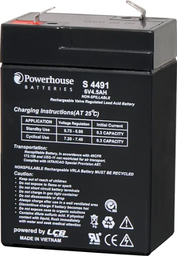 This 6V 4.5Ah sealed lead acid (SLA) battery is a compact battery for powering 6V equipment. 