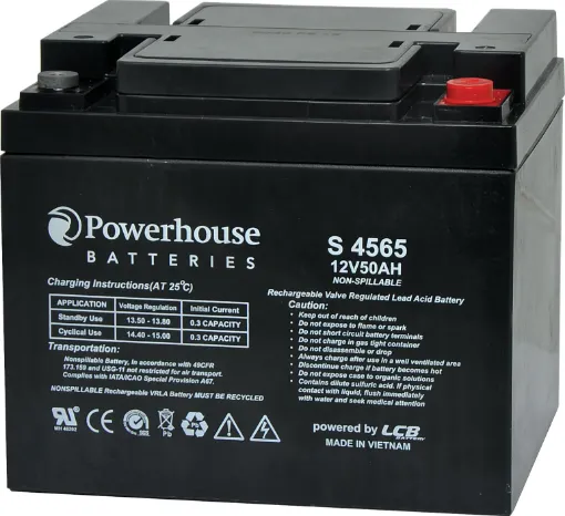 This 12V 50Ah sealed lead acid (SLA) battery is a compact battery for powering 12V equipment. 