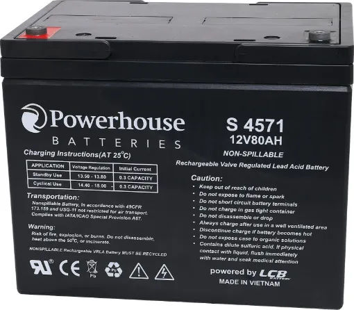 This 12V 80Ah sealed lead acid (SLA) battery is a compact battery for powering 12V equipment. 