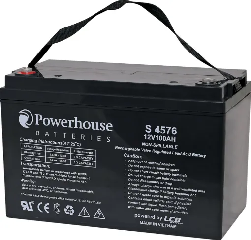 This 12V 100Ah sealed lead acid (SLA) battery is a compact battery for powering 12V equipment. 