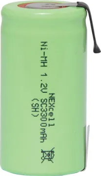 Sub C 3300mAh NiMh Rechargeable Battery High performance, high capacity 3300mAh NiMH rechargeable batteries. Sold individually. 
With solder connection tags.
Sub-C size is commonly used in power tool battery packs.
