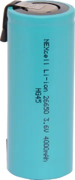 26650 4000mAh Li-Ion Rechargeable Battery Solder Tag These high performance 26650 lithium ion 3.6V batteries offer high performance and long life from a compact package. This model has in-built protection features to ensure safe operation at all times. These include over charge, over discharge, short circuit and over current protection.
