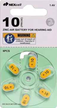Zinc-Air Hearing Aid Size 10 Battery Pk6 Our new range of zinc-air hearing aid batteries, are designed to deliver reliable sound quality across the life of the battery without damaging leaks. This improves performance in high demand aids used by people who are severely hearing-impaired, including digital and programmable aids.