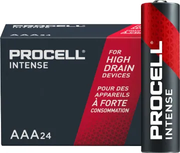 AAA Procell Intense Alklaine Battery - 24 Pack AAA size, pack of 24. Procell Alkaline Intense AAA industrial batteries are specifically designed to last longer in high drain professional devices that require a high amount of power or peaks of power, such as blood Pressure monitors, soap dispensers or flashlights.