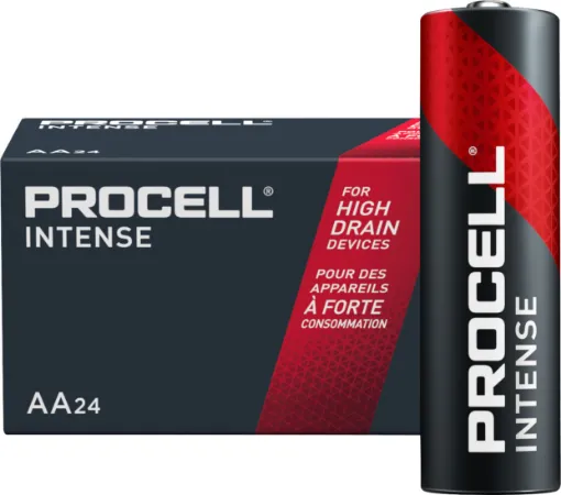 AA size, pack of 24. Procell Alkaline Intense AA industrial batteries are specifically designed to last longer in high drain professional devices that require a high amount of power or peaks of power, such as electronic door locks, soap dispensers or security cameras. 