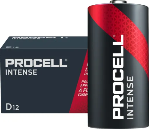 D size, pack of 12. Procell Alkaline Intense D industrial batteries are specifically designed to last longer in high drain professional devices, that require a high amount of power or peaks of power, such as a paper towel dispenser.
