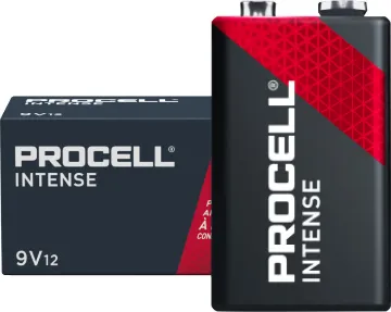 9V Procell Intense Alklaine Battery - 12 Pack 9V size, pack of 12. Procell Alkaline Intense 9V industrial batteries are recommended for use in high drain professional device.