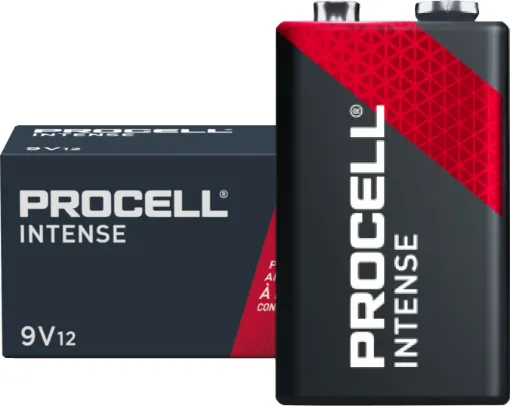 9V size, pack of 12. Procell Alkaline Intense 9V industrial batteries are recommended for use in high drain professional device.