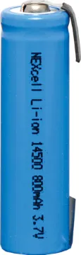 14500 800mAh Lithium Ion Rechargeable Battery with Tags These high performance 14500 lithium ion 3.7V batteries offer high performance and long life from a compact package. They are standard AA in size.