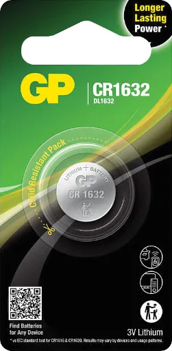 GP high-performing lithium coin batteries CR1632 are energy-dense and is crafted to deliver long-lasting superior power for your miniature specialty devices including car keys, thermometers, smart watches, garage door openers and more.