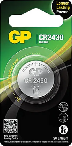 GP high-performing lithium coin batteries CR2430 are energy-dense and can deliver 30% more power* for your miniature specialty devices including car keys, remote controls, smart watches, blood glucose monitors, smart home devices, IoT devices, door and window sensors.
