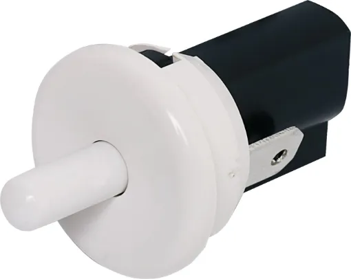 Panel hole 21mm. Snap-in fit. Similar to refrigerator door switch. Rated 250V at 0.2A. Contacts open when plunger is pressed in.