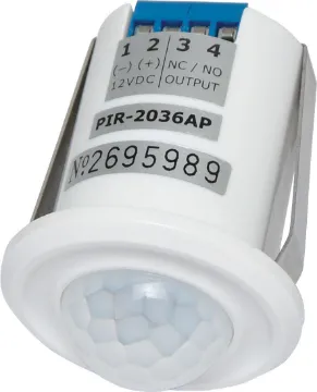 Passive Infra-Red (PIR) 360° In-Ceiling Detector An ultra compact PIR motion detection unit suitable for installation directly into the ceiling. 120° beam provides 6-8 metres of conical detection coverage when mounted on the typical 2.4-3m ceiling. 12V DC input. Mounting hole size: 31mm. Dimensions: 40Ø x 52mm.