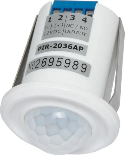 An ultra compact PIR motion detection unit suitable for installation directly into the ceiling. 120° beam provides 6-8 metres of conical detection coverage when mounted on the typical 2.4-3m ceiling. 12V DC input. Mounting hole size: 31mm. Dimensions: 40Ø x 52mm. 
