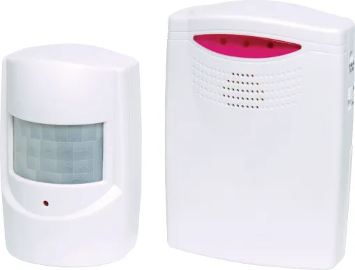 A handy motion activated chime unit for shops to notify staff when customers arrive. 120m range. Requires 3xAAA batteries & 3xC batteries.
