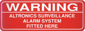 Large Alarm Warning Sticker 200mm x 75mm. Sticks to the outside of the window.