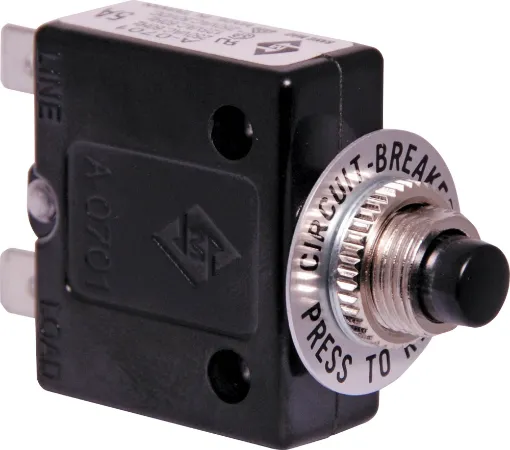 All specifications at 25&degC
Hold Current: 100% load indefinitely
Trip Current: Within 1 hr @ 145% load
 Within 1 minute @ 200% load
Max. Voltage:  250V AC or 50V DC
Panel Cutout: Single hole mount 12mm &Oslash
Dimensions:  36H x 31L x 15W mm