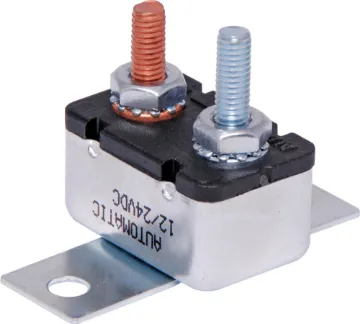 10A 12V Stud Type Surface Mount Circuit Breaker Single pole stud type 10A DC circuit breaker with surface mounting tabs. Ideal for use in vehicles. Auto reset. Current ratings at 12V/24V DC. Meets SAE J553 standard (Type 1). M10 x 32mm stud connection. Includes hardware.