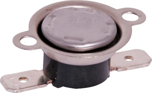 Self resetting. Breaks at 100C. 10 amps 250V AC. Mounting hole centres 23.5mm. Contact surface 16mm. Normally Closed Contact, Auto Reset.