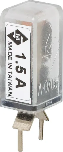 Current Trip Rating: 1.5 Amp
All specifications at 25&degC
Hold Current: 100% load indefinitely
Trip Current: Within 1 hr @ 175% load
 Within 1 minute @ 200% load
Max. Voltage:  120V AC or 12V DC
Dimensions:  20.6H x 10.5L x 8.7W mm