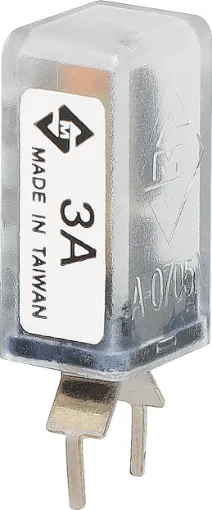 Current Trip Rating: 3 Amp
All specifications at 25&degC
Hold Current: 100% load indefinitely
Trip Current: Within 1 hr @ 175% load
 Within 1 minute @ 200% load
Max. Voltage:  120V AC or 12V DC
Dimensions:  20.6H x 10.5L x 8.7W mm