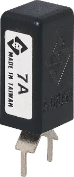 7A PCB Mount Auto Reset Circuit Breaker Current Trip Rating:  7 Amp
All specifications at 25°C
Hold Current: 100% load indefinitely
Trip Current: Within 1 hr @ 175% load
 Within 1 minute @ 200% load
Max. Voltage:  120V AC or 12V DC
Dimensions:  20.6H x 10.5L x 8.7W mm
