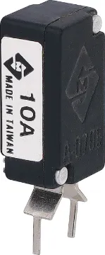 10A PCB Mount Auto Reset Circuit Breaker Current Trip Rating: 10 Amp
All specifications at 25°C
Hold Current: 100% load indefinitely
Trip Current: Within 1 hr @ 175% load
 Within 1 minute @ 200% load
Max. Voltage:  120V AC or 12V DC
Dimensions:  20.6H x 10.5L x 8.7W mm