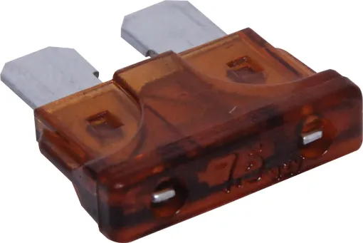 Brown 7.5A standard automotive blade fuse with 32V rating.  Suits most automotive blade fuse holders. 18.7 x 19.1mm overall in size. 5mm blades.