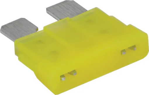Yellow 20A standard automotive blade fuse with 32V rating.  Suits most automotive blade fuse holders. 18.7 x 19.1mm overall in size. 5mm blades.
