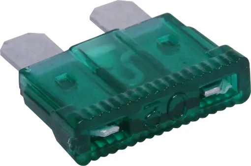 Green 30A standard automotive blade fuse with 32V rating.  Suits most automotive blade fuse holders. 18.7 x 19.1mm overall in size. 5mm blades.