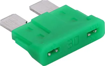 30A Green Automotive Blade Fuse Green 30A standard automotive blade fuse with 32V rating.  Suits most automotive blade fuse holders. 18.7 x 19.1mm overall in size. 5mm blades.