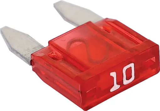 Red. 10A.
Mini blade fuses as used in many modern automobiles.
Available in ratings from 3A to 30A.
