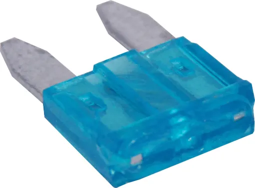 Blue. 15A.
Mini blade fuses as used in many modern automobiles.
Available in ratings from 3A to 30A.